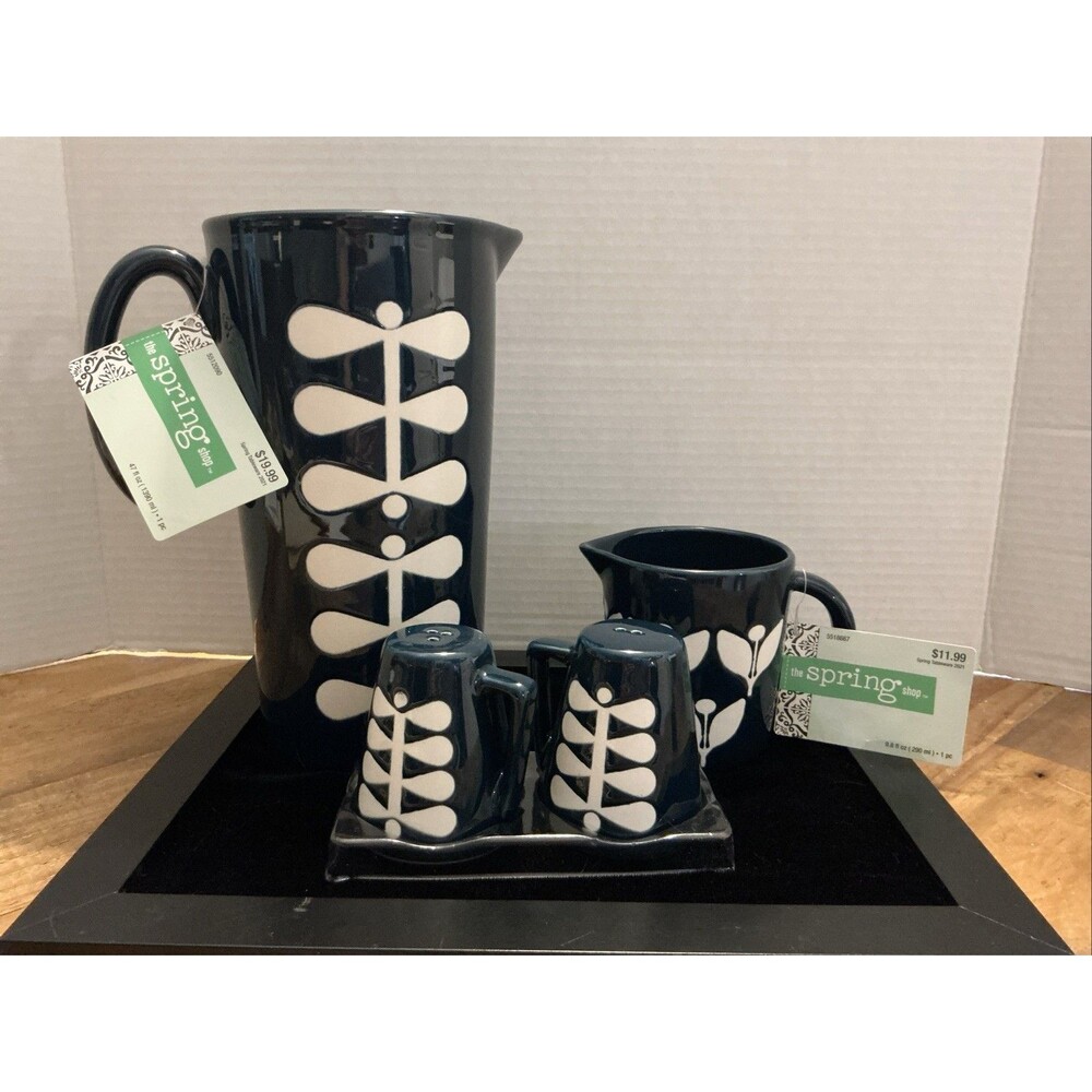 New Spring Collection Blue White Ceramic Pitcher, Creamer, Salt/Pepper “Julia”